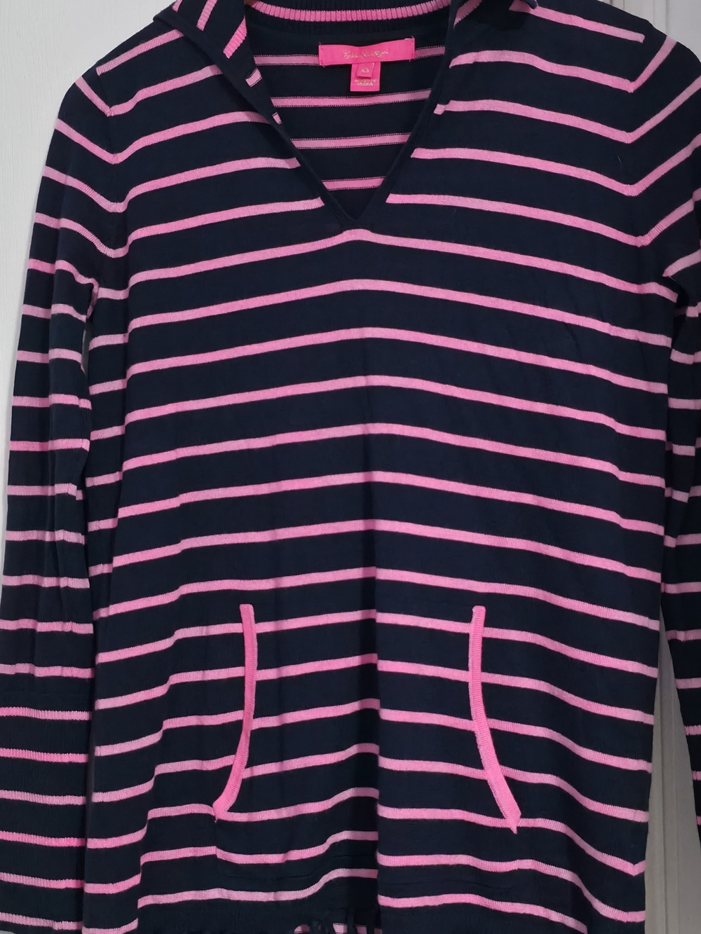 Lilly Pulitzer Navy and Pink Striped V-Neck Hooded Sweater